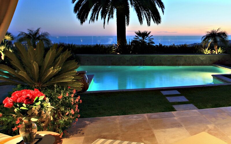 Illuminated Pool at Dusk — Blue, Serene, Sunset, Photograph