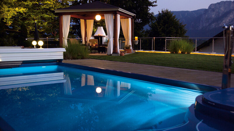 Illuminated Pool at Dusk — Blue, Serene