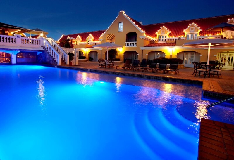 Illuminated Pool at Night — Blue, Serene, Photograph, Building