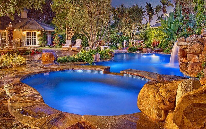 Illuminated Pool at Night — Blue, Serene, Photograph, Fountain