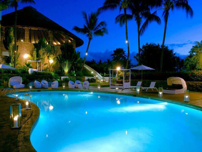 Illuminated Pool at Night — Blue, Serene, Photograph, Palm Trees, Lounge Chairs