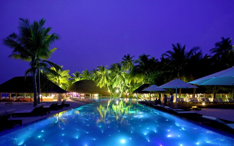 Illuminated Pool at Night — Blue, Serene, Photograph, Palm Trees, Lounge Chairs, Umbrellas