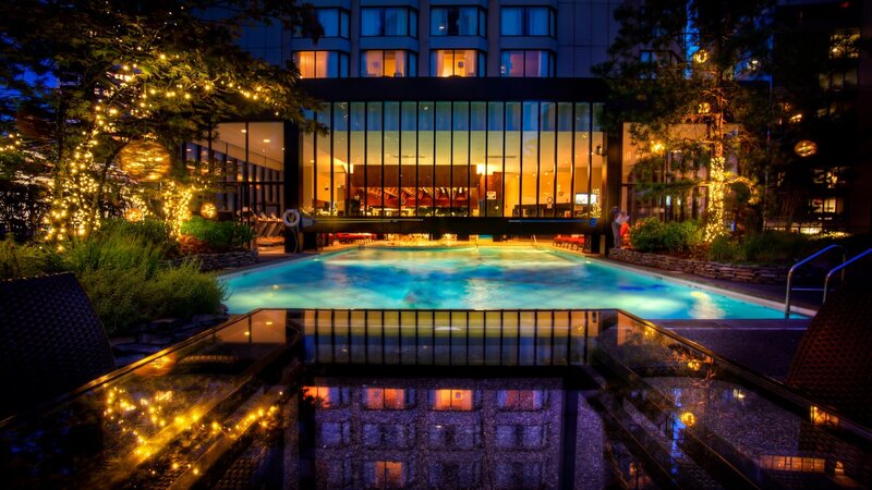 Illuminated Pool at Night — Blue, Serene, Photograph, Trees, Building