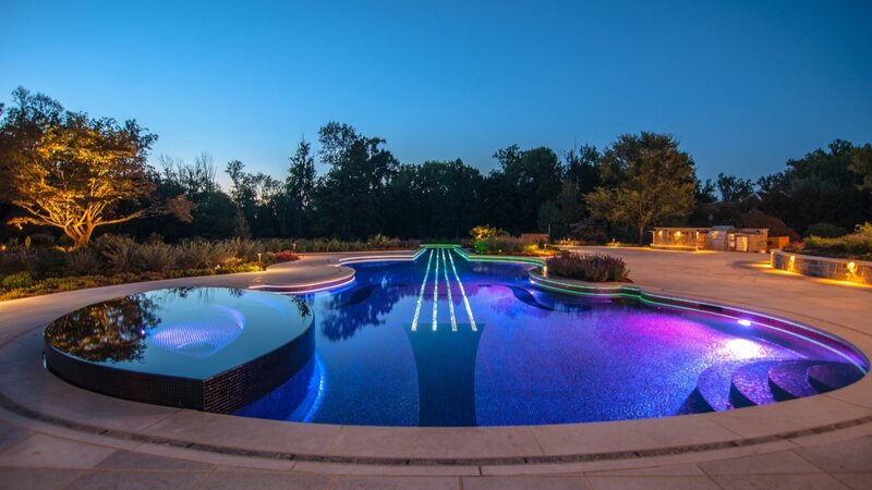 Illuminated Pool at Night — Blue, Serene, Photograph, Trees