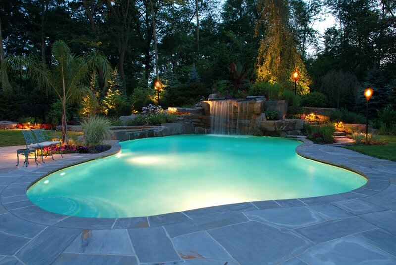 Illuminated Pool at Night — Blue, Serene, Photograph, Waterfall