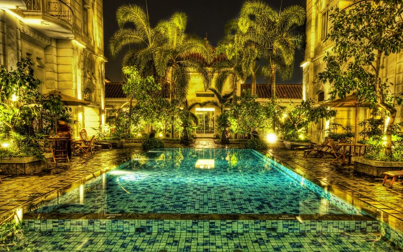 Illuminated Pool at Night