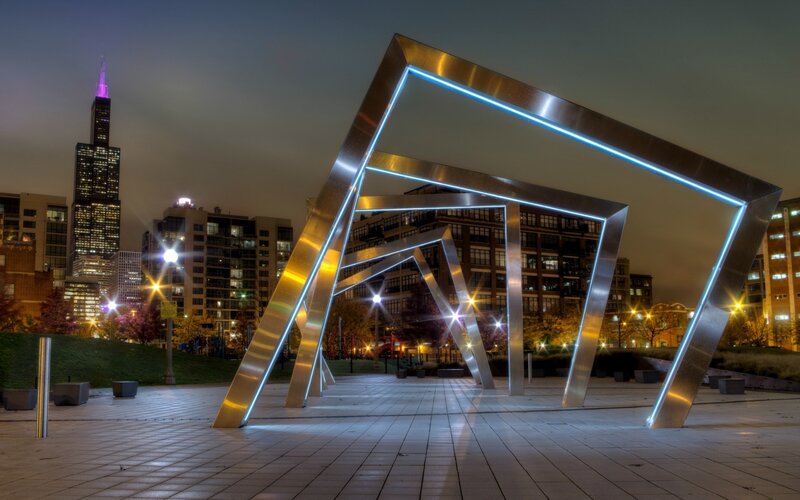 illuminated sculpture in city park