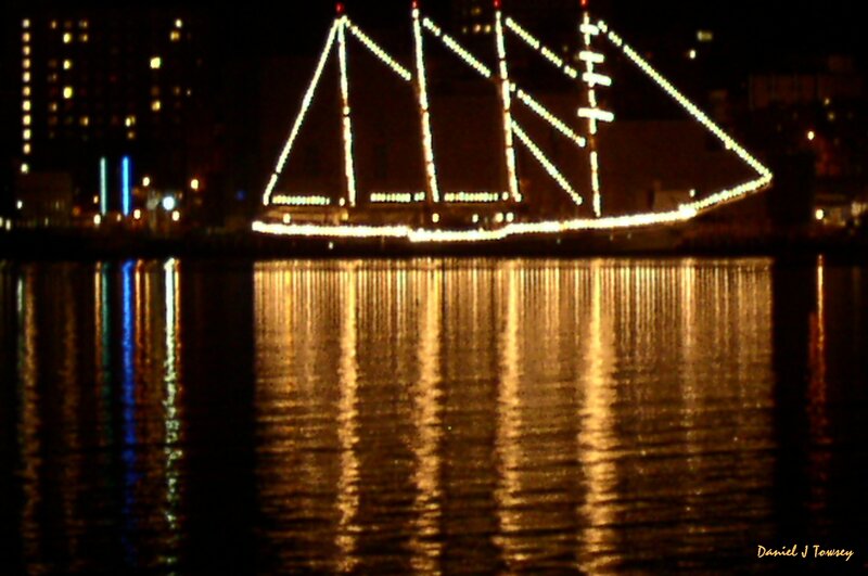 illuminated ship at night