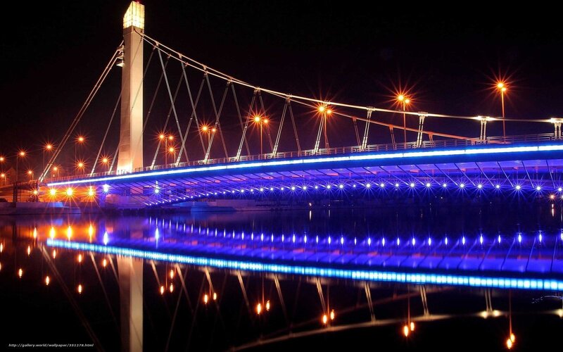 Illuminated Suspension Bridge — Blue, Dramatic, Night, Photograph