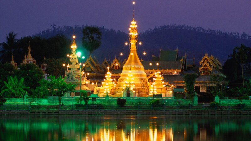 illuminated temple at night