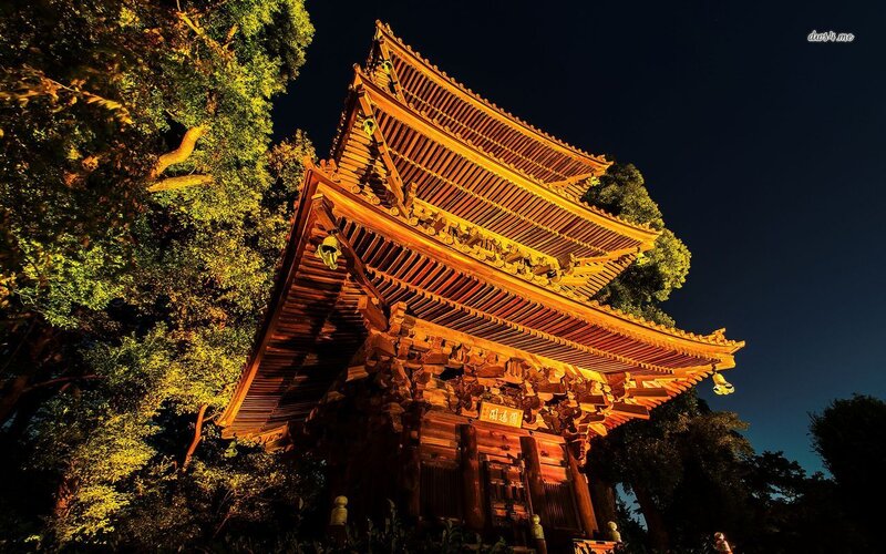 Illuminated Temple at Night — Brown