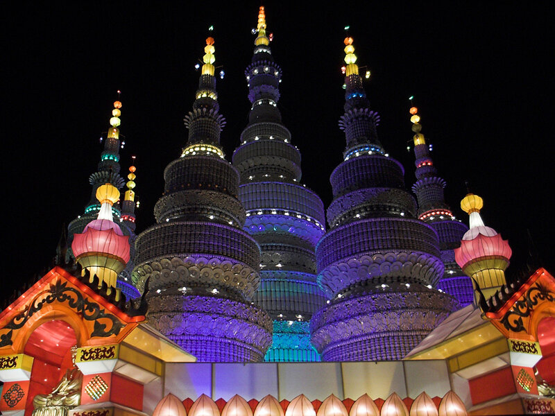 illuminated temple at night