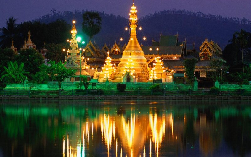 Illuminated Temple Complex — Gold, Serene