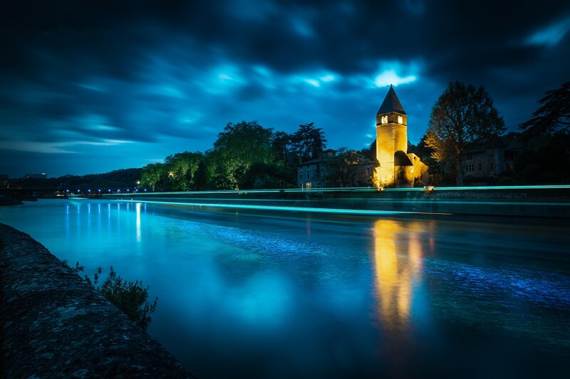 Illuminated Tower at Night — Blue