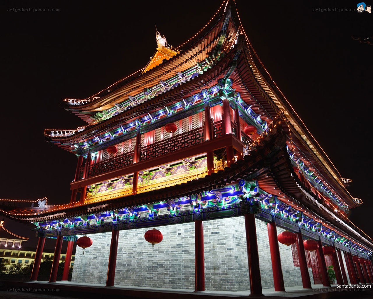 illuminated traditional chinese building