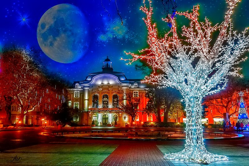 Illuminated Tree in Plaza — Blue