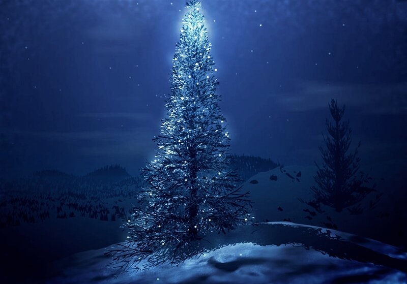 Illuminated Tree in Snow — Blue, Serene, Night, Digital Art