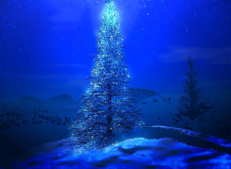 Illuminated Tree in Snow — Blue