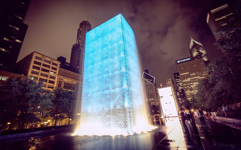 Illuminated Water Fountain — Blue, Dramatic, Night