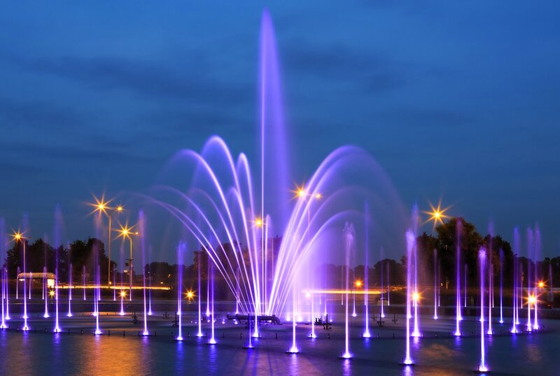 Illuminated Water Fountain — Blue, Dramatic
