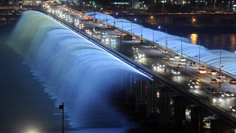 Illuminated Water Fountain Bridge
