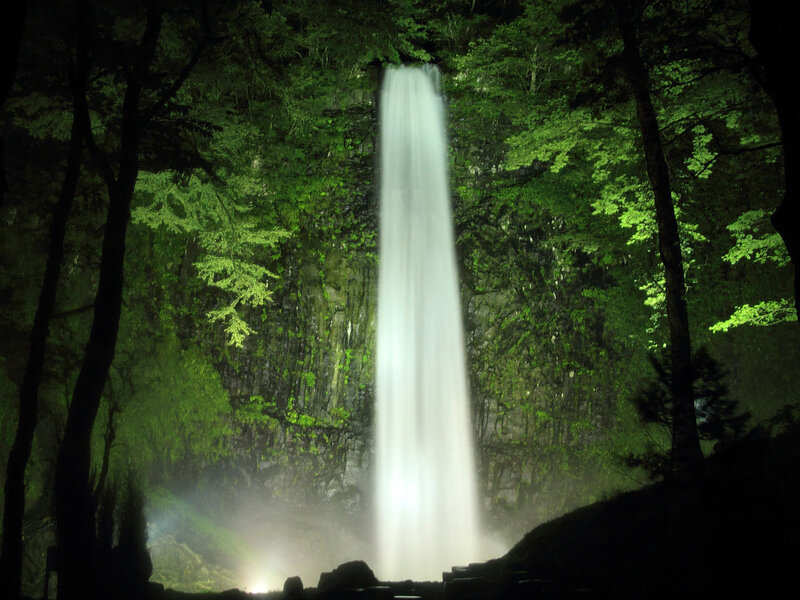Illuminated Waterfall at Night — Green, Dramatic
