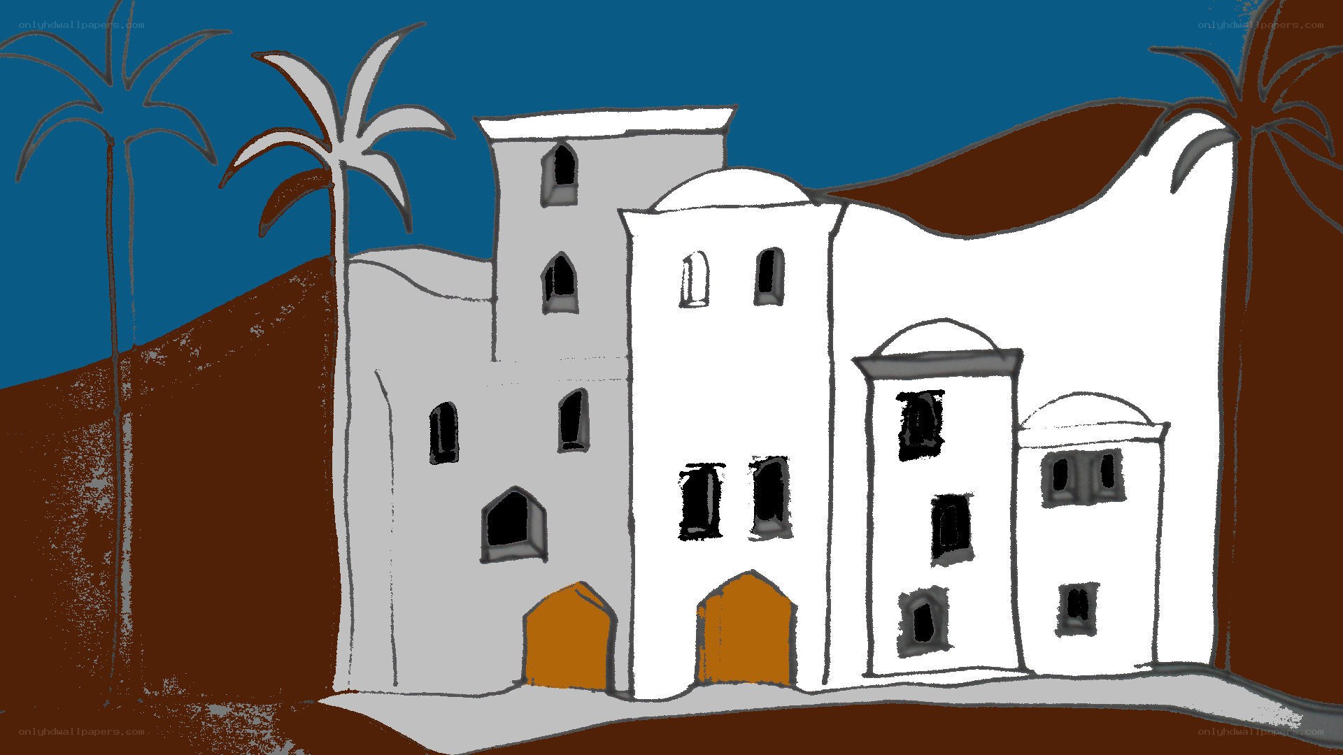 illustrated building with palm trees