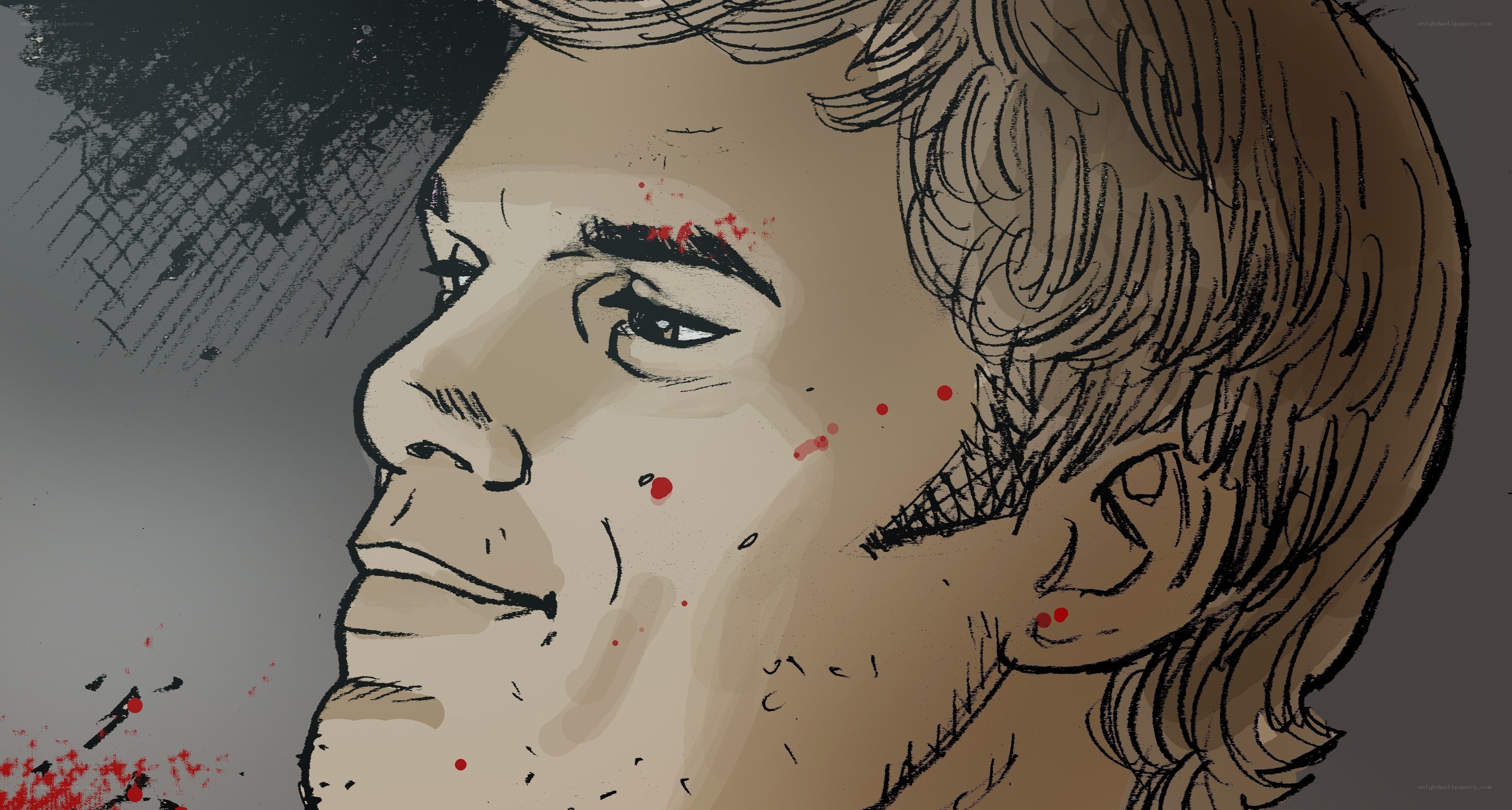 illustrated portrait with blood splatters