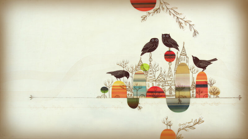 illustrated village with birds