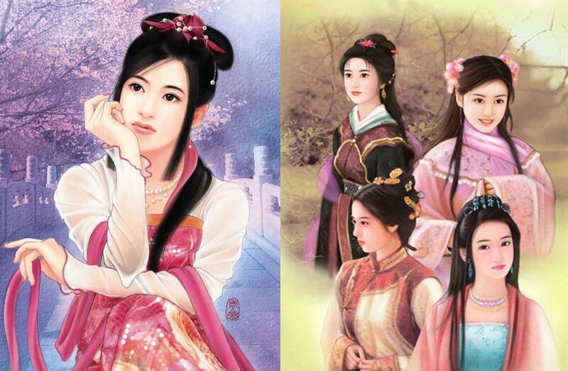 illustrations of women in traditional attire