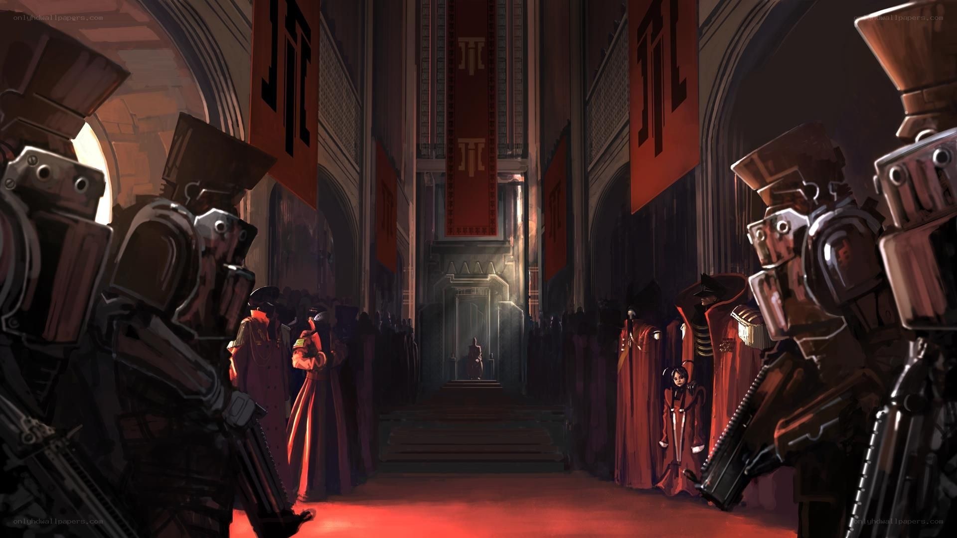 Imperial hall with robotic guards