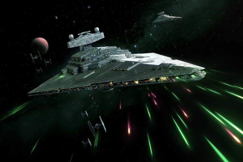 Imperial Star Destroyer — Black, Dramatic, Night, Digital Art, Tie Fighters, Planet