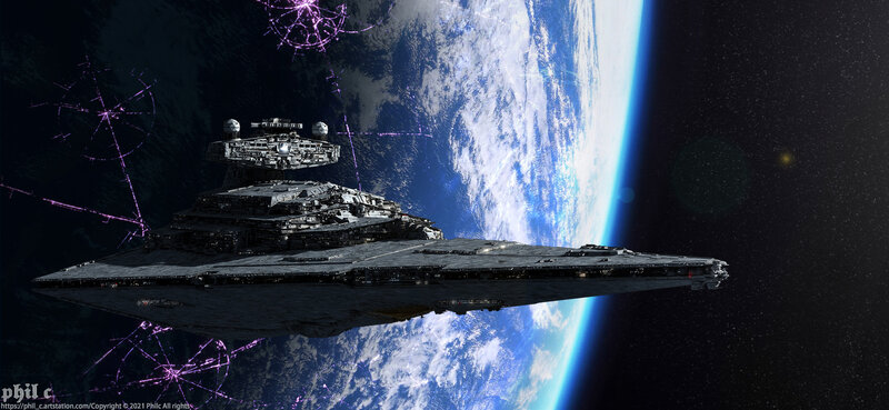 Imperial Star Destroyer — Blue, Dramatic, Digital Art, Planet
