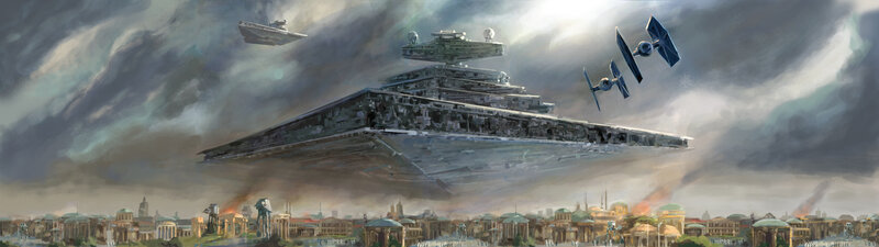 Imperial Star Destroyer — Gray, Dramatic, Digital Art, Tie Fighters, Cityscape