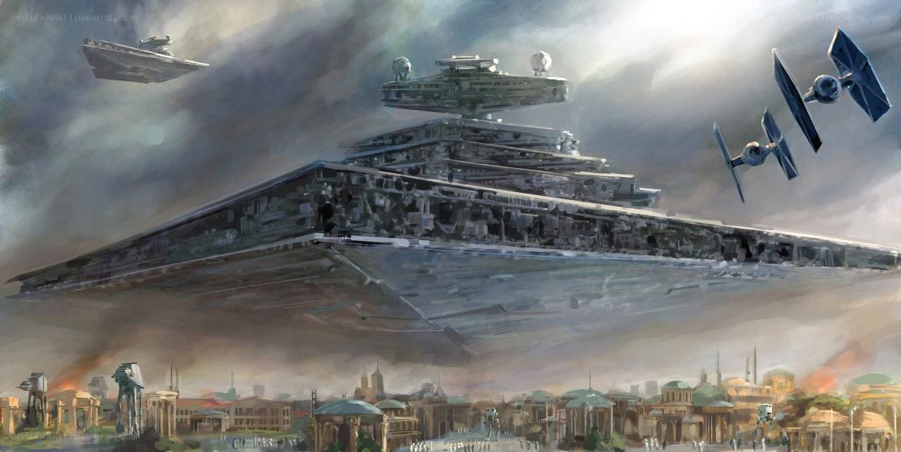 Imperial Star Destroyer over a city