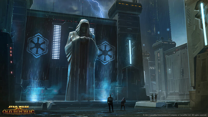 Imperial statue in rainy city