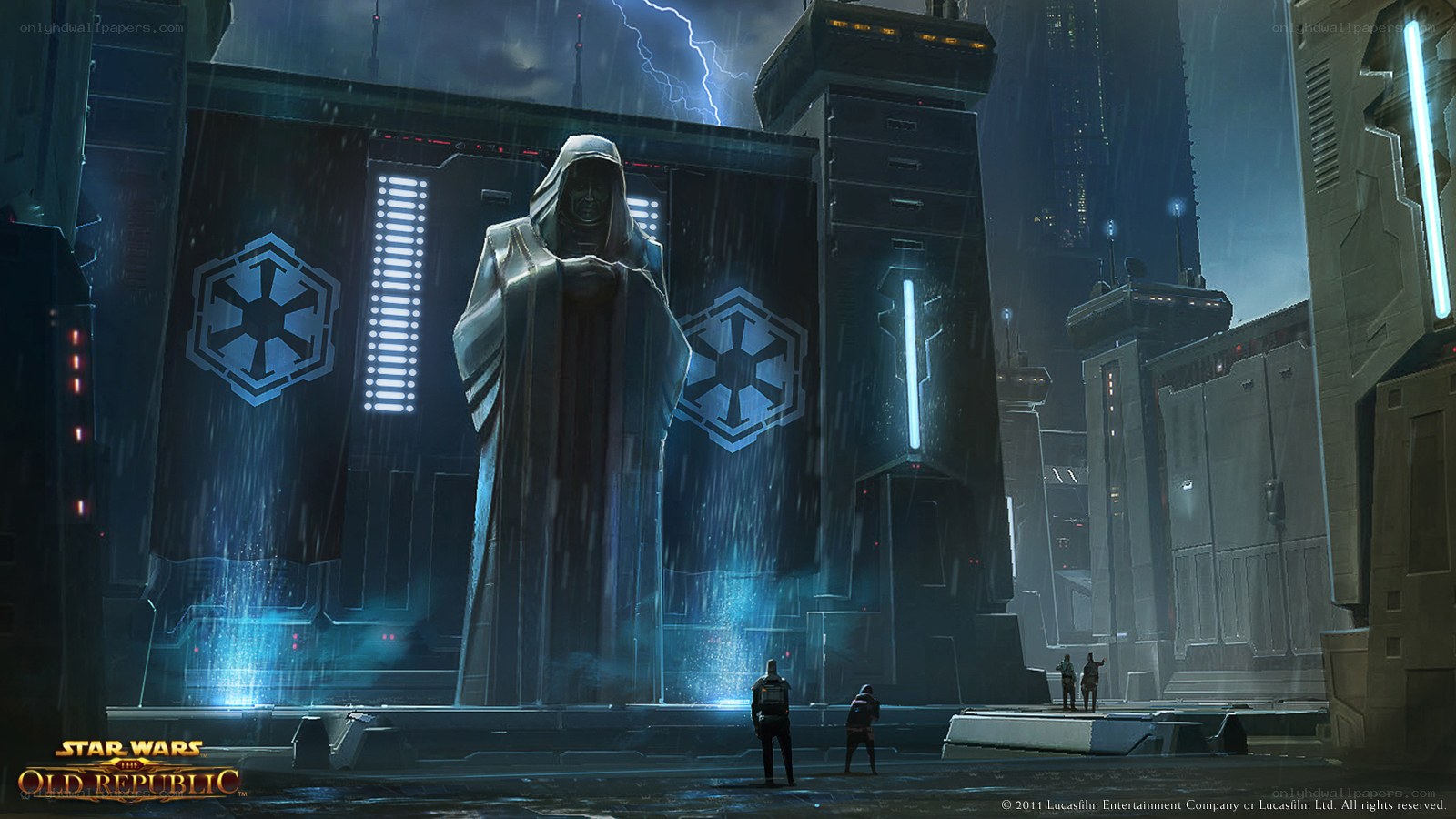 Imperial statue in rainy city