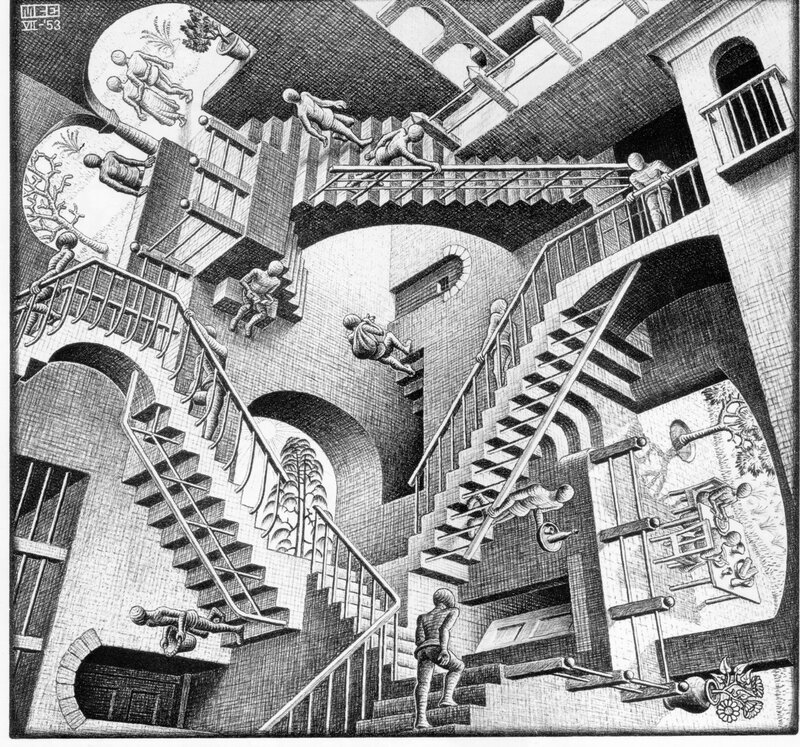 Impossible Staircase Structure — Black, Dramatic, Illustration