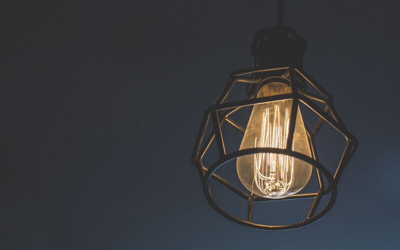 Incandescent Light Bulb — Black, Dramatic, Night, Photograph, Cage