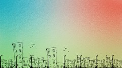 Abstract multicolor cities crows cityscapes towns streetlamps 