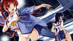 Aircraft ass red eyes schoolgirls bows skirts long hair anime 