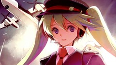 Aircraft Birds headphones tie hats faces long hair blue eyes 