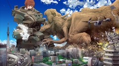 Aircraft Monsters Anime Dinosaurs cities anime girls brown eyes 