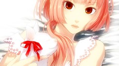 Animals cats Ribbons faces bows pink hair long hair anime girls 