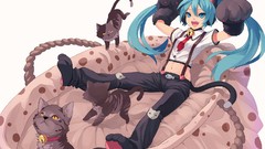 Animals cats tie Bells navel pants long hair anime girls 