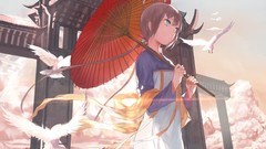 Animals clouds Birds Umbrellas Ribbons long hair anime girls 