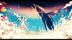 Animals clouds fish wings dress Whales long hair barefoot anime 
