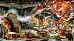 Animals fire cats smoke Shoes Skyscrapers cars ruins bus roads 