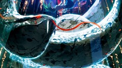 Animals night clouds text moon snakes fangs goddess red eyes 