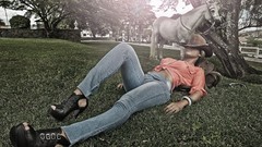 Animals Situations woman Horses jeans hats